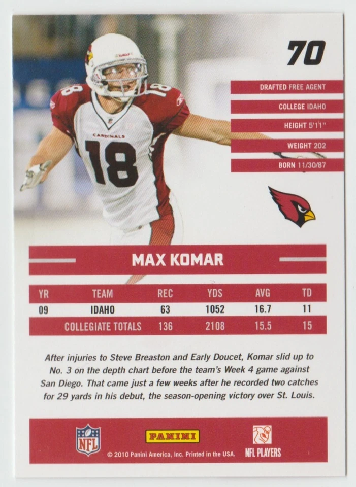 2010 Donruss Rated Rookies #70 Max Komar - Arizona Cardinals - Image 2 of 2