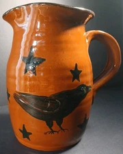 Liberty Pottery Roscoe Village OH Stoneware w/ Crow Design Pitcher 2004 Becky 7"