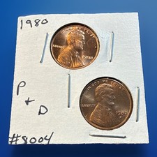 1980-P & D Lincoln Memorial Cents. UNC Lot Of 2 BU Coins From OBW Rolls #8004