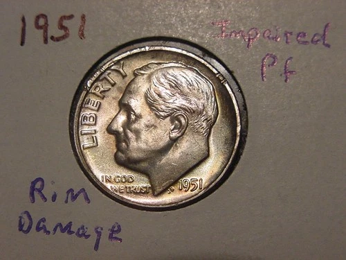 1951 ROOSEVELT DIME IMPAIRED PROOF NICE TONE ORIGINAL COIN FREE SHIPPING