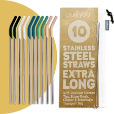 purifyou 14.5" Stainless Steel Straws with Silicone Tips, Extra Long & Wide R...