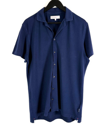 Orlebar Brown Travis SS Pique Camp Collar Button Up Shirt Mens L Navy