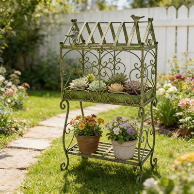 Vintage 2-Tier Metal Plant Stand with House-Shaped Planter Tray, Distressed  G... | eBay