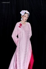 LAM KHUE Women Pink Silk Ao Dai Vietnamese Dress Long Sleeve