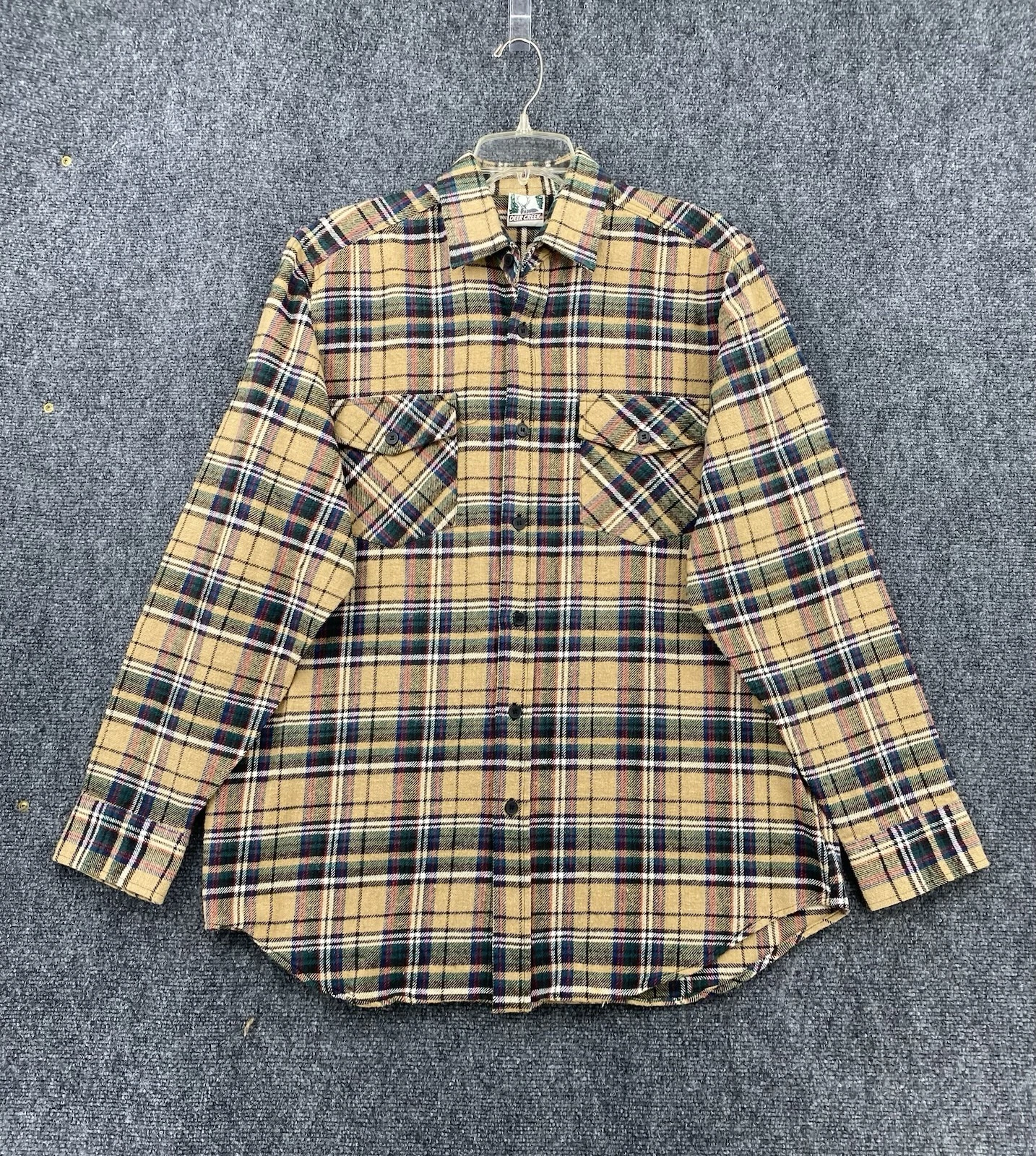 Deer Creek Tan Multi-Color Long Sleeve Flannel Mens M 100% Cotton Outdoors Warm