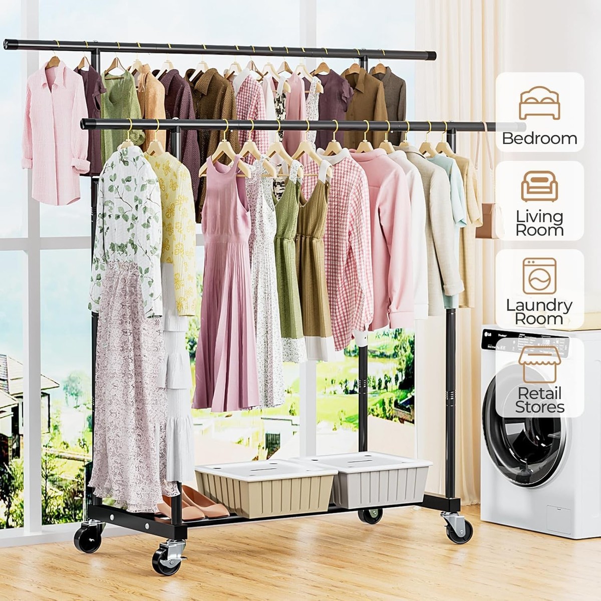 Abiglifty Double Rods Clothes Rack for Hanging Clothes Clothing