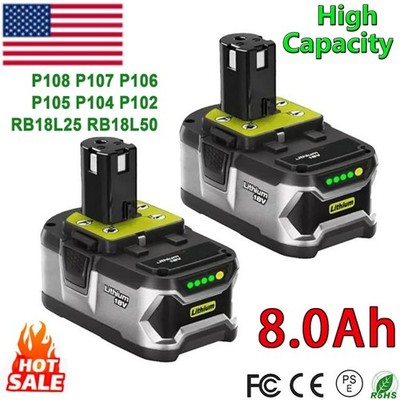 2X 8.0Ah Lithium Battery For RYOBI P108 18V For One Plus High Capacity P107
