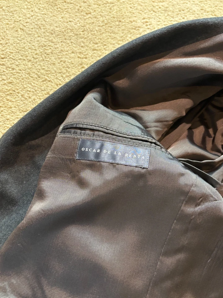 Oscar De La Renta 羊毛羊绒炭黑色西装外套运动外套夹克男式 44R — 第 3/4 张图片