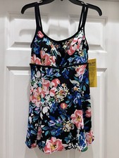 Robby Len Women  s size 10 Black with Flowers Swimdress One Piece Swimsuit NWT