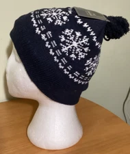 Juncture Winter Ski Hat Pom Beanie Snowflake Blue & White Fleece Lined Unisex