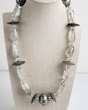 Vtg. Clear Sea Glass Silver-Tone Tribal Style Beaded Necklace 22" Hook Clasp