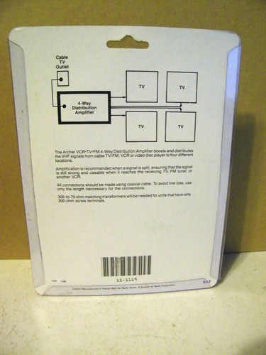 NEW RADIO SHACK, 4-WAY AMPLIFIER, # 15-1119, 50-400MHz, VCR/VHF/CATV/FM, ARCHER - Picture 2 of 2