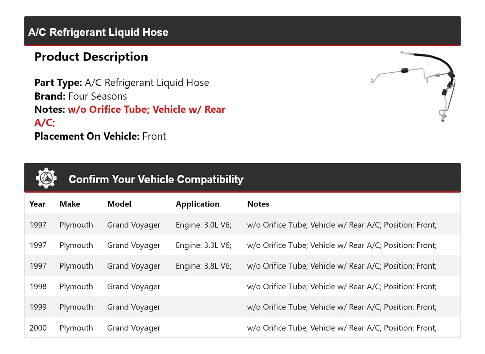 Manguera líquida refrigerante aire acondicionado Plymouth Grand Voyager 1997-2000 delantera 4 estaciones Foto 2 de 4