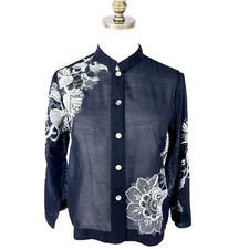 CITRON SANTA MONICA Silk Blend Blouse Size PS Black Floral Embroidered Sheer