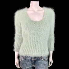 80% Angora Fuzzy Vintage EXPRESS Sage Green V-Neck Pullover Sweater 32 in bust