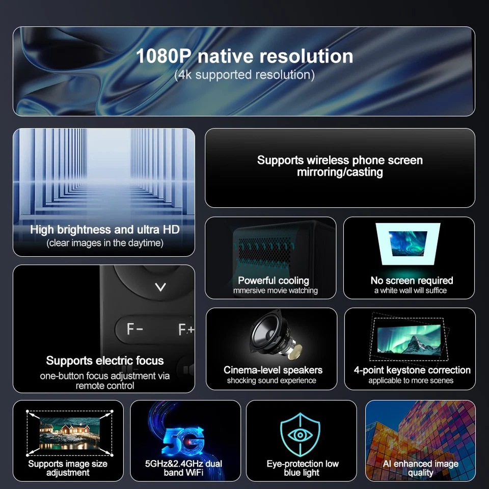 Smart Beamer Projektor 4K Full-HD WiFi Bluetooth HDMI Android TV OS Mini Tragbar - Bild 2 von 4