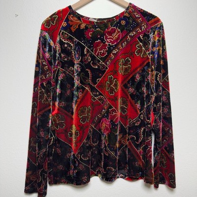 VTG 90s Women Fairy Grunge Burnout Velvet Top XL Red Paisley Patchwork
