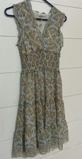Max Studio Dress Women XS Sleeveless Smocked Birch Gold Nouveau Bouquet NWT
