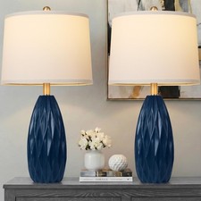 Modern Table Lamp for Living Room, Bedside Lamp Set of 2, Navy Blue Resin Tab...