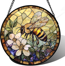 Stained Glass Window Hanging, Vintage Bee Yellow Flower Sun Catcher for Window D