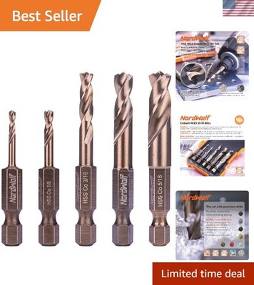 5-Piece M35 Cobalt Stubby Drill Bit Set for Stainless Steel & Hard Metals, wi...