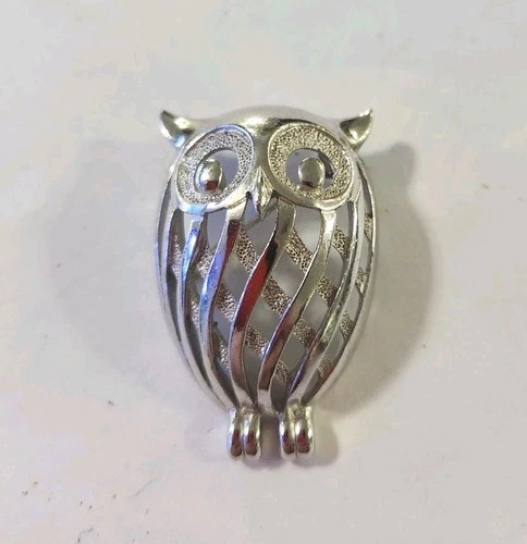 Crown Trifari Owl Brooch Vintage Silver Tone Figural Pin Open Work Jewelry
