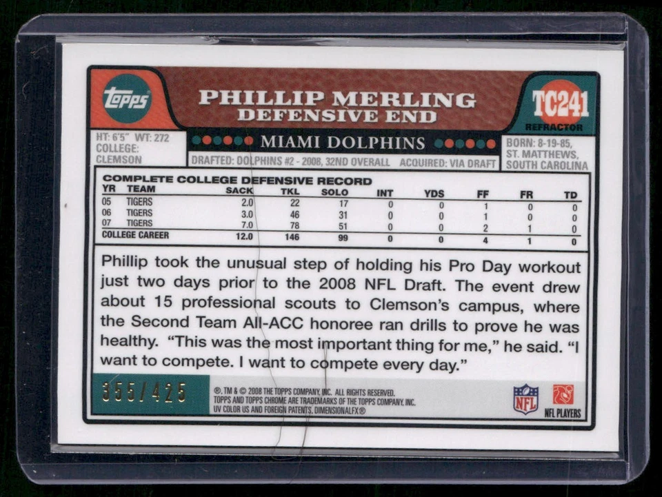 2008 Topps Chrome #TC241 Phillip Merling Copper Refractors #/425 - Image 2 of 2