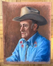 Contemporary Portrait Pastel Cowboy Man Turquoise Western 25x19.5 Peter Feldman