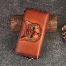 Genuine Leather Long Wallet for Women Purse Cute Cat Pattern Retro Female Bag