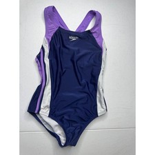 Speedo Girls Size 10 Swimsuit One Piece Racerback Navy Purple White Athletic