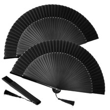 2 Packs 8.3 Inch Hand Fans for Women Foldable - Black Silk Folding Fan with