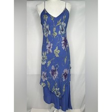 Phool Blue Floral Slip Midi Dress Spaghetti Straps Asymmetrical Boho Chic Sz L