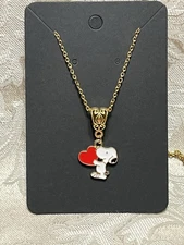 Snoopy Heart Cute Gold Enamel Charm Pendant Fashion Fun Boho Gold Necklace 18”