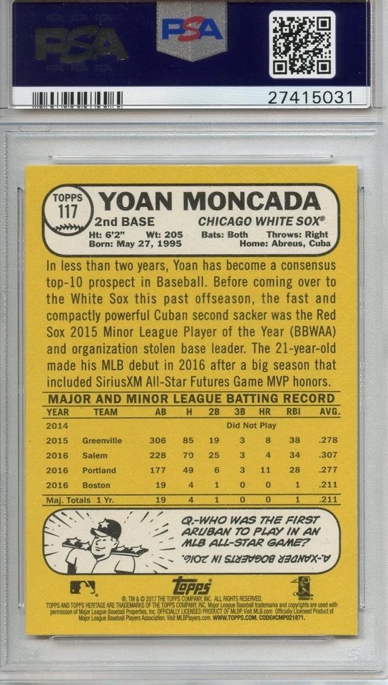 2017 Topps Heritage Action Variation #117 Yoan Moncada - PSA 10 - Rookie Card - Image 2 of 2