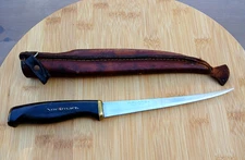Vintage 1967 Normark Fiskars Stainless Fillet Knife with Leather Sheath Finland 