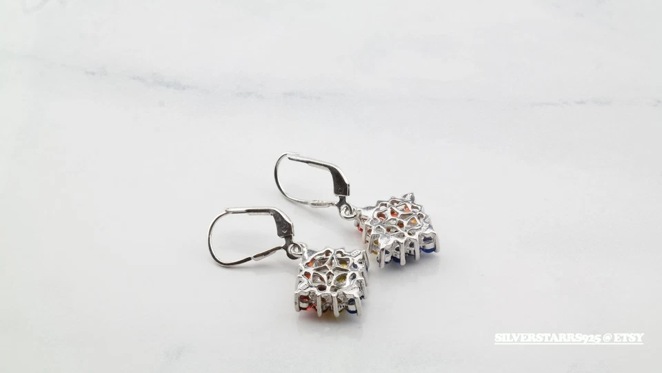 Pendientes de plata de ley con diamantes de zafiro rojo amarillo naranja azul Foto 4 de 4