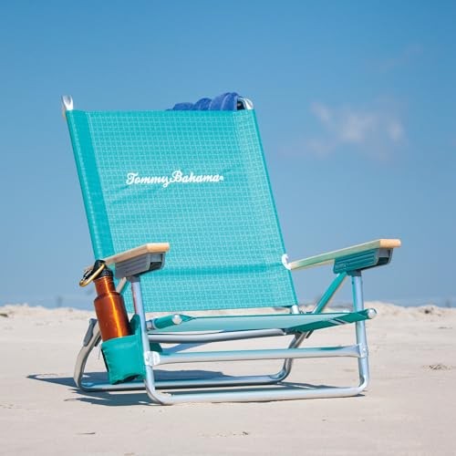 5-Position Lay Flat Cup Holder and Towel Bar Beach Chair Turquoise Check - Picture 2 of 7