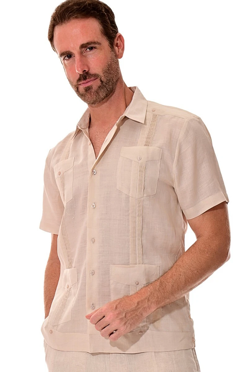 Bohio 100% Linen Guayabera Shirt for Men - Natural Traditional (4)-Pocket -LS499