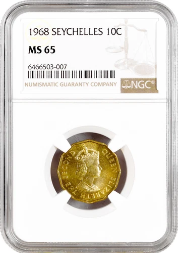 Seychelles 10 cents 1968, NGC MS65, "Queen Elizabeth II (1953-1975)" Top Pop 1/0