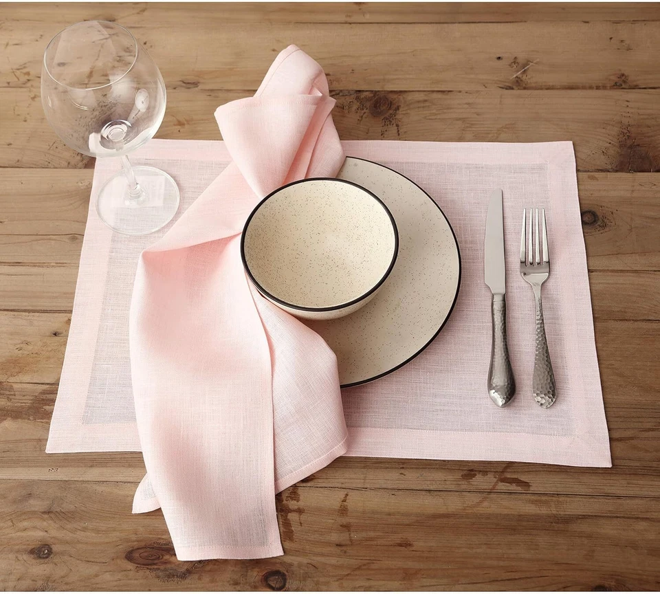 Solino Home Pink 100% Pure Linen Table Runner 14x90 and/or 4 Placemats Fete NEW - Image 3 of 4