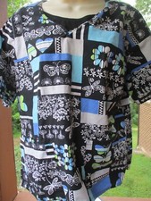 Scrub HQ Brand SCRUB TOP Size S Colorful Floral / Butterflies Pattern,Insert