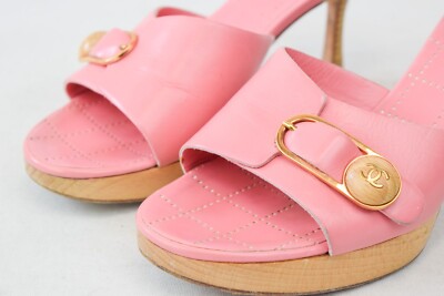 シャネル　ミュール　38 CHANEL Leather Open Toe Mules Heels 38 7 Pink Buckle CC Logo