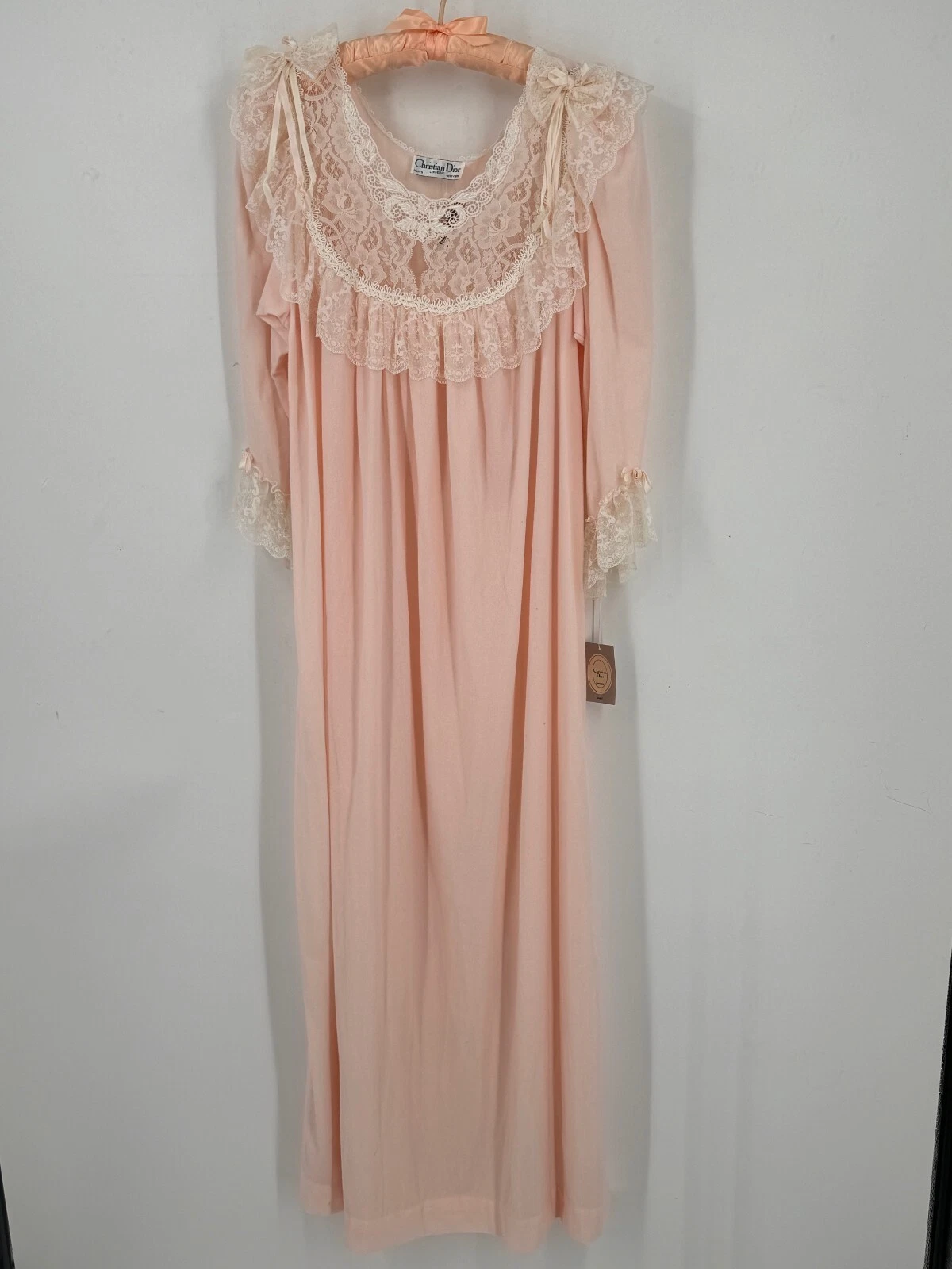 Camicia da notte vintage Christian Dior donna piccola pesca crema 100% nylon nuova con etichette