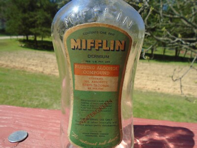 Antique Pint Mifflin Massage Alcohol Glass Bottle Patent Applied