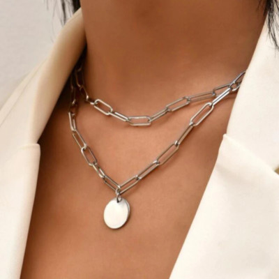 Women's Fashion Jewelry Silver Double Layer Circle Pendant Necklace 1-97