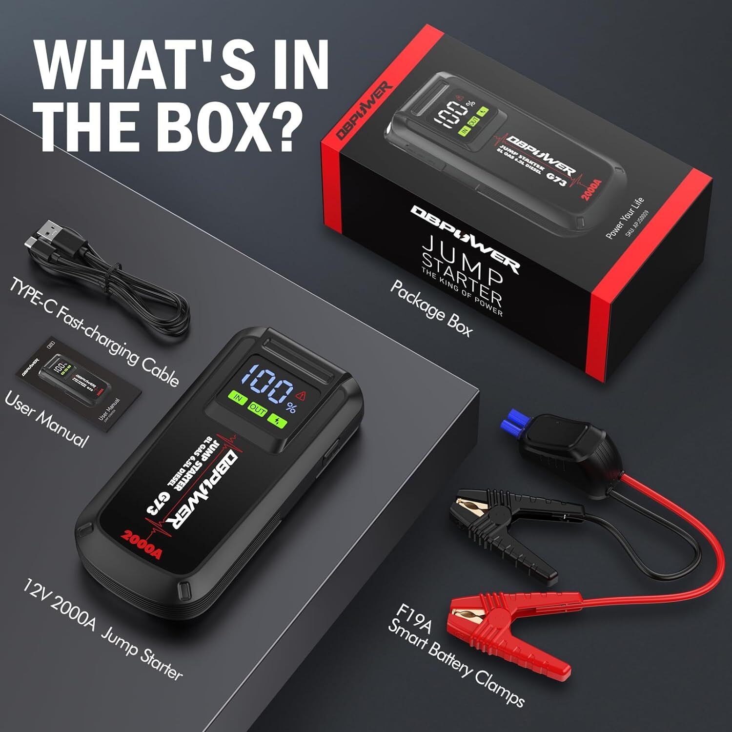 DBPOWER Jump Starter 2000A Peak Portable Car Jump Starter for Up to 8