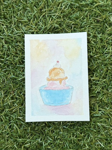 ACEO Original - Strawberry Chocolate Ice Cream Dessert Art Watercolor by RaveArt