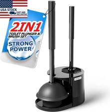 2 in 1 Toilet Brush and Plunger Set, Bathroom Cleaning Tools with Holder, Black