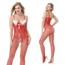 Womens Sexy Red Bodystocking Christmas Santa Bodysuit Lingerie Sleepwear Costume