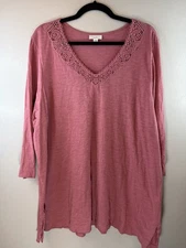 J Jill Plus Size Blush V Neck Top With Crocheted Neckline Size 2X